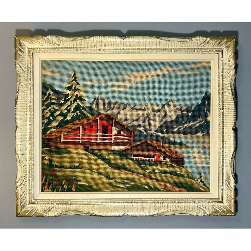 Vintage Framed Needlepoint Alpine Landscape‎ Mountain Chalet Scene Gold Frame